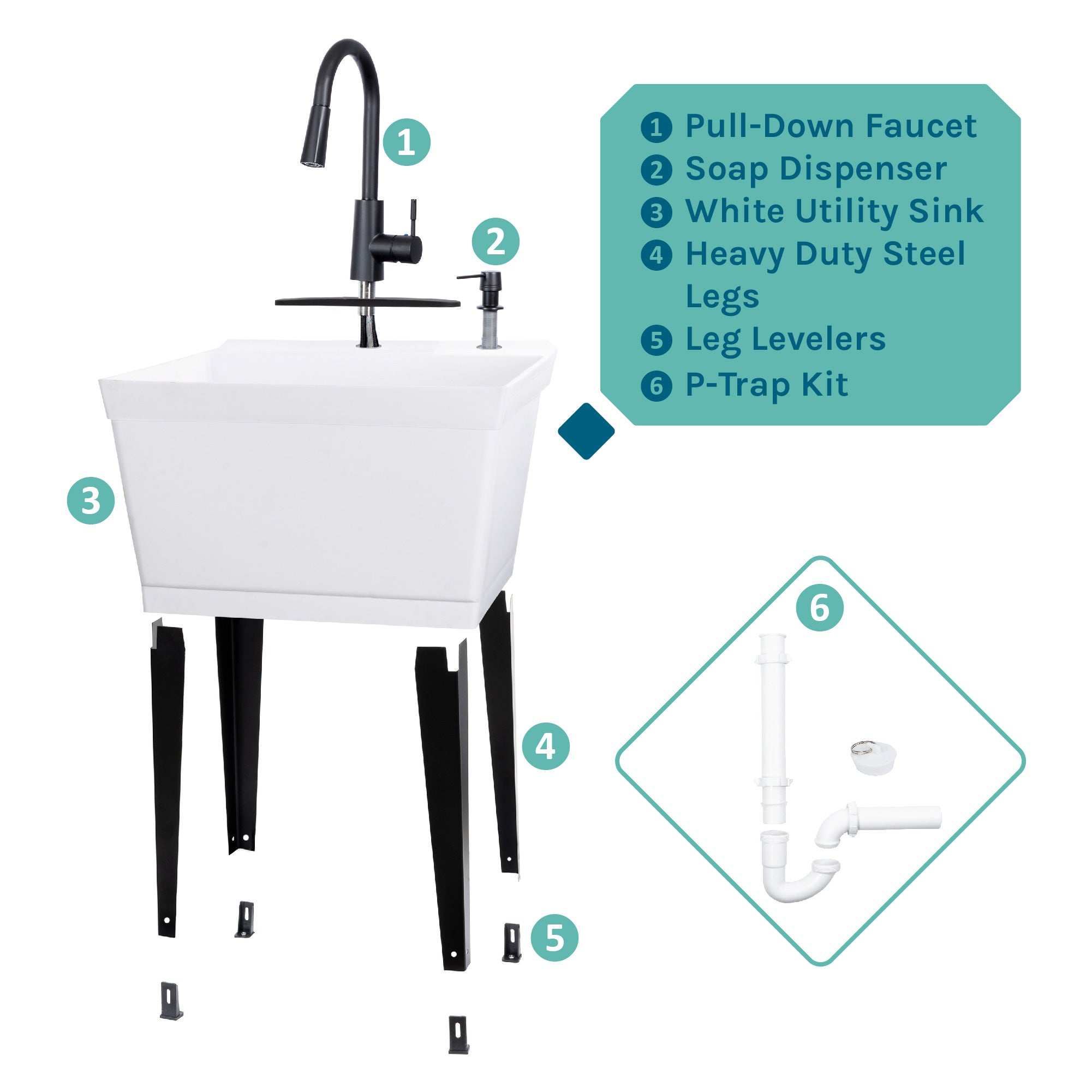 Tehila Standard Freestanding White Utility Sink with Black Finish High-Arc Pull-Down Faucet and Soap Dispenser