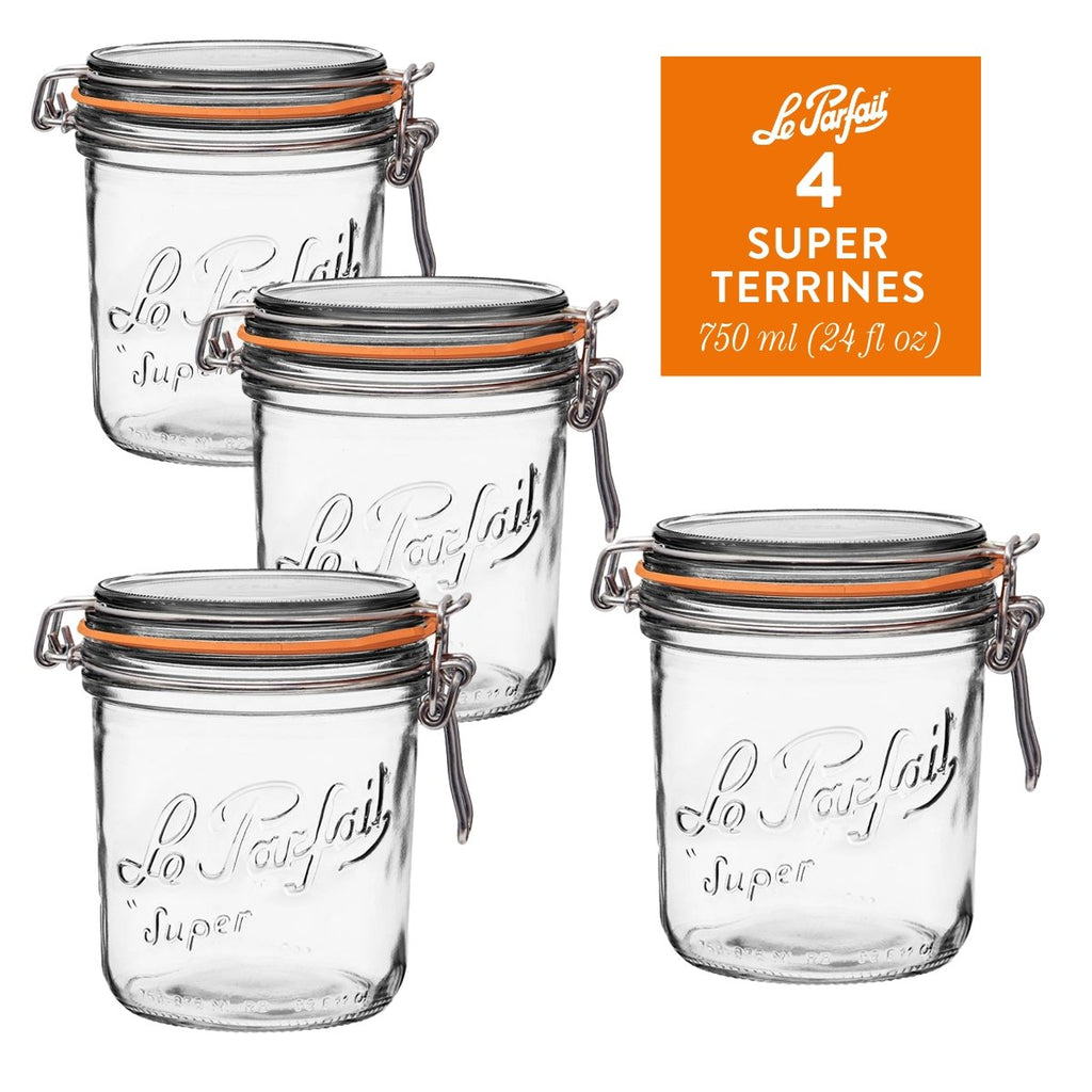 Le Parfait Super Terrines, French Glass Canning Jars with Wire-Bail Clamp Lid