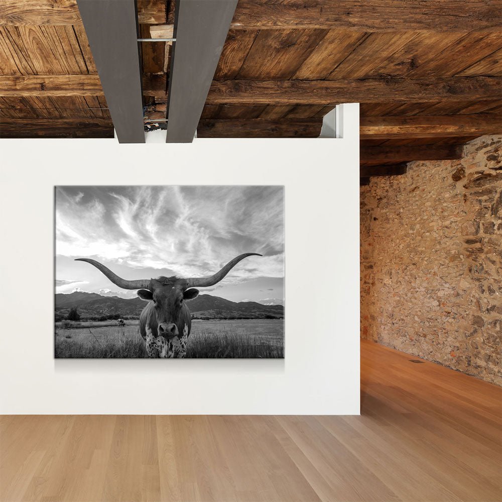 Texas Longhorn Black & White Canvas Wall Art, Ranch Decor